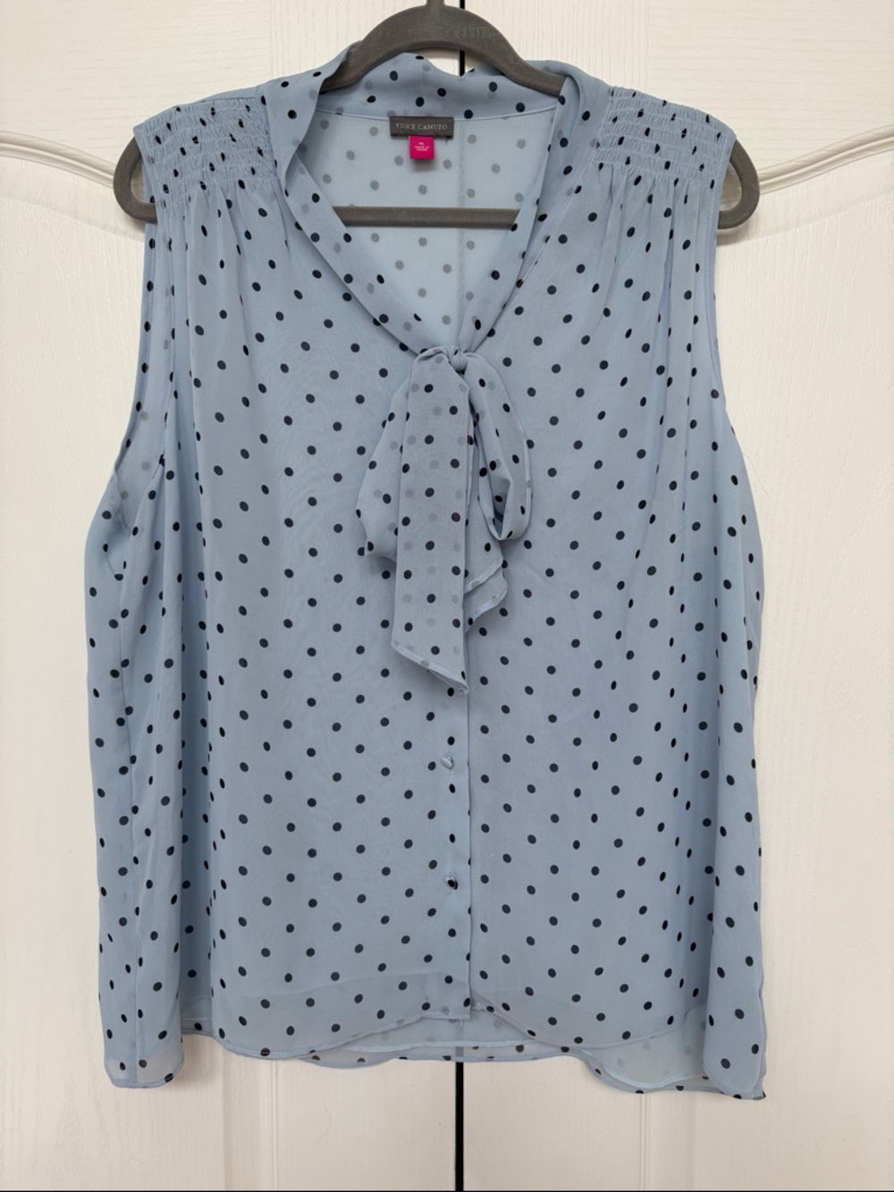 Vince Camuto Light Blue Polka Dot Tie-Neck Sleeveless Blouse